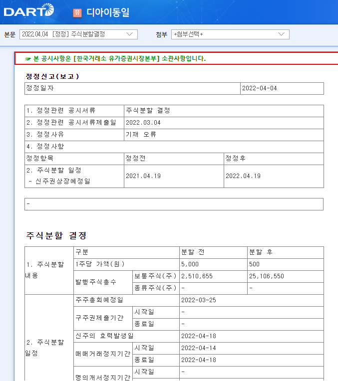 디아이동일 / 주식분할결정