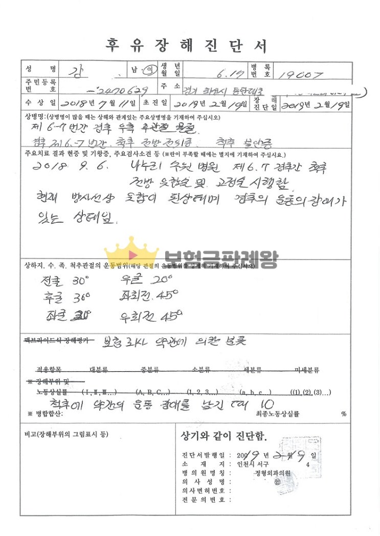  경추전방전위증 경추 후관절 골절 운동장해와 기형장해의 지급사례
