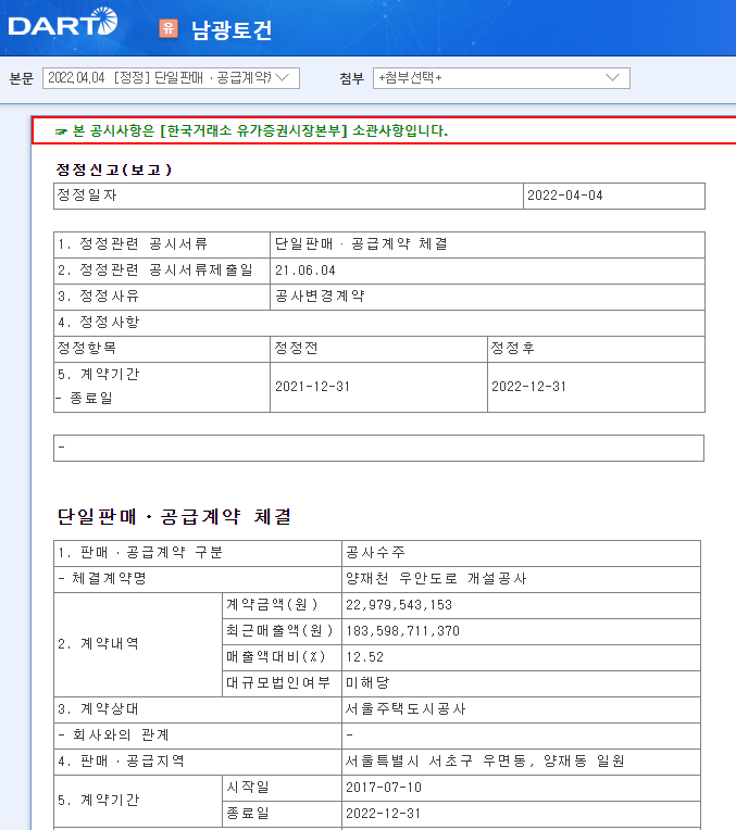 남광토건 / 단일판매ㆍ공급계약체결 남광토건 / 단일판매ㆍ공급계약체결