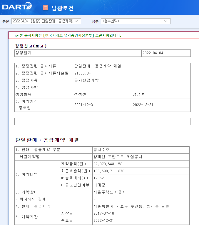 남광토건 / 단일판매ㆍ공급계약체결