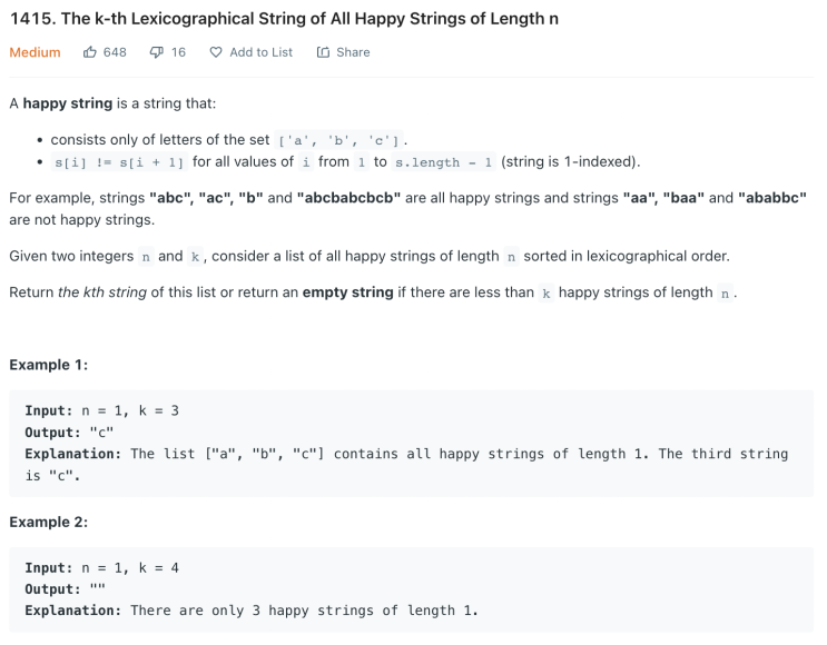 [LeetCode] 1415. The k-th Lexicographical String of All Happy Strings of Length n (JavaScript)