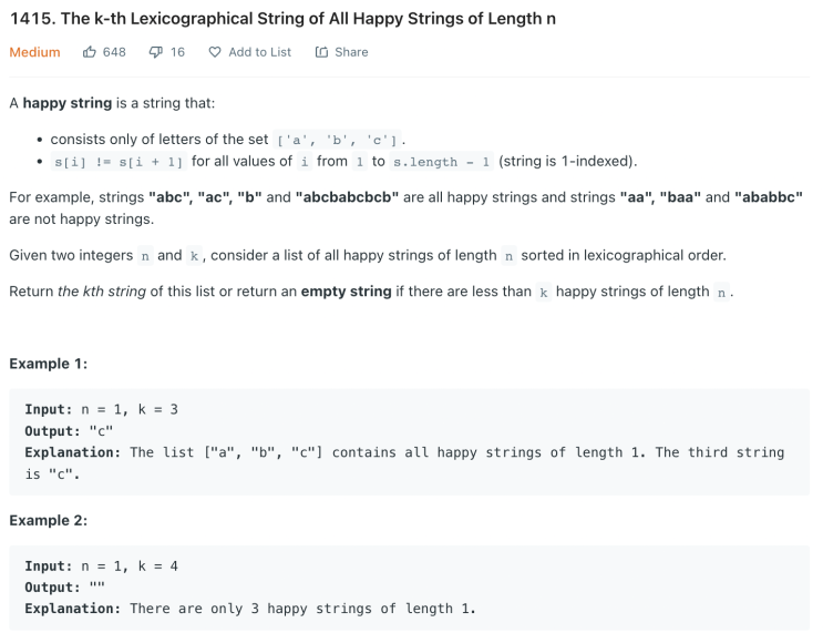  [LeetCode] 1415. The k-th Lexicographical String of All Happy Strings of Length n (JavaScript)