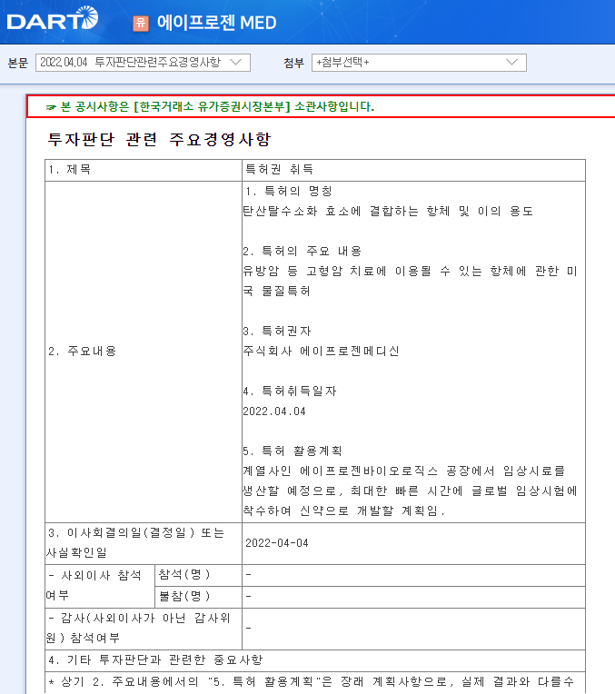 에이프로젠 MED / 투자판단관련주요경영사항 에이프로젠 MED / 투자판단관련주요경영사항