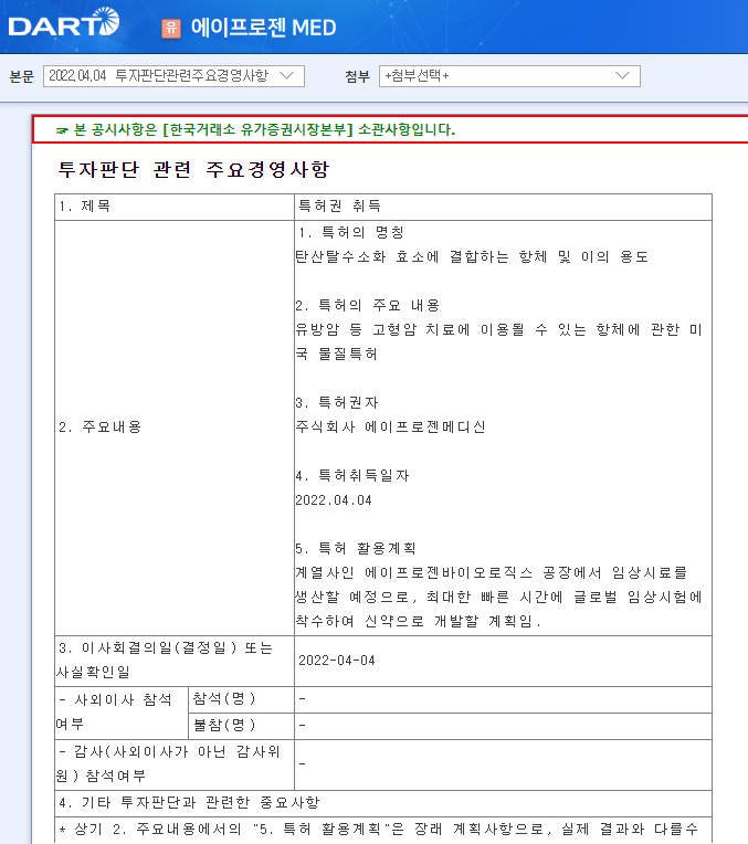 에이프로젠 MED / 투자판단관련주요경영사항