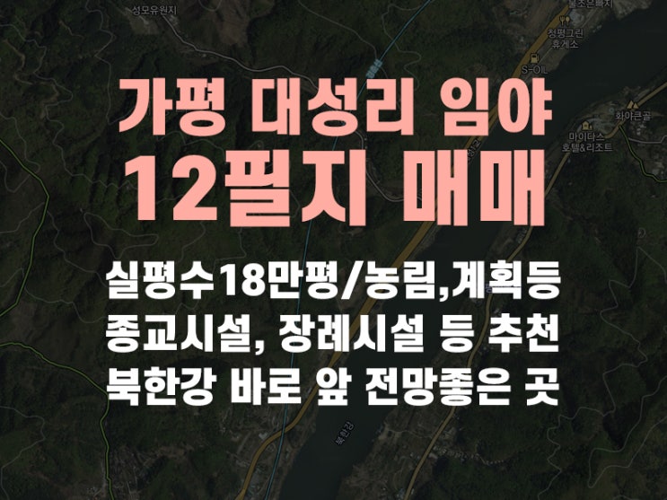  경기도 가평군 청평면 대성리 토지, 임야 12필지 매매합니다. (실평수 18만평, 북한강 바로 앞, 종교시설, 장례시설, 수목원, 캠핑장 활용 추천)