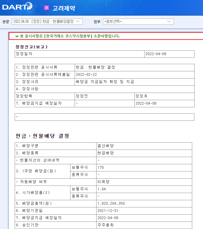 고려제약 / 현금ㆍ현물배당결정 고려제약 / 현금ㆍ현물배당결정