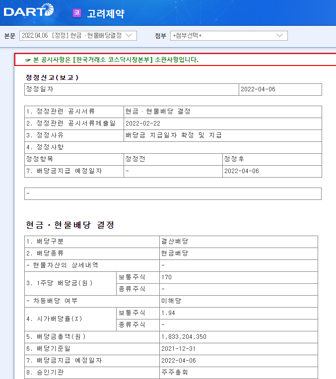 고려제약 / 현금ㆍ현물배당결정