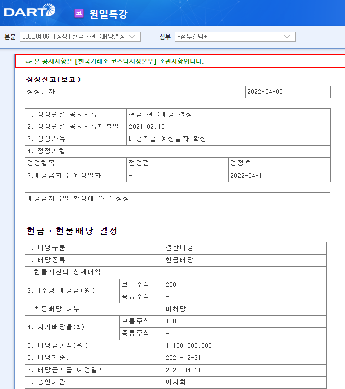 원일특강 / 현금ㆍ현물배당결정 원일특강 / 현금ㆍ현물배당결정
