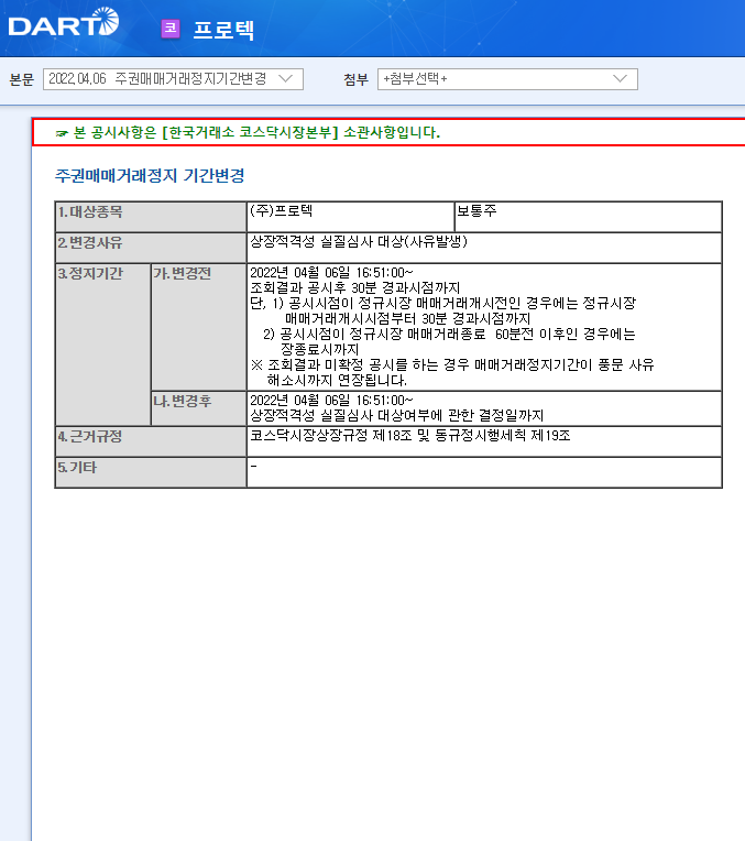 프로텍 / 주권매매거래정지기간변경