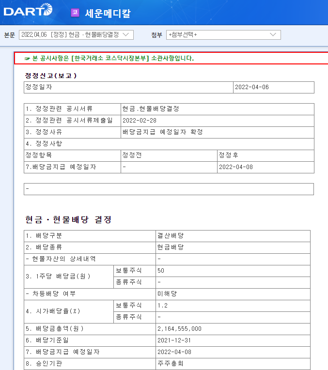 세운메디칼 / 현금ㆍ현물배당결정 세운메디칼 / 현금ㆍ현물배당결정