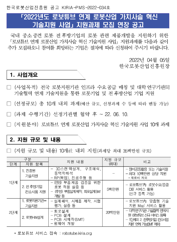 2022년 로보튜브 연계 로봇산업 가치사슬 혁신 기술지원 사업 지원과제 모집 연장 공고_산업통상자원부 2022년 로보튜브 연계 로봇산업 가치사슬 혁신 기술지원 사업 지원과제 모집 연장 공고_산업통상자원부