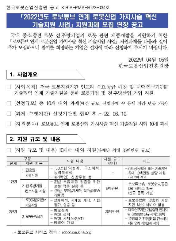 2022년 로보튜브 연계 로봇산업 가치사슬 혁신 기술지원 사업 지원과제 모집 연장 공고_산업통상자원부