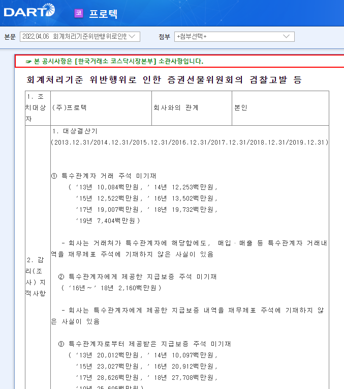 프로텍 / 회계처리기준위반행위로인한증권선물위원회의검찰고발등 프로텍 / 회계처리기준위반행위로인한증권선물위원회의검찰고발등