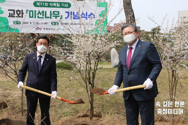 충북대 개신동산에 괴산군 기증 교화 미선나무 식재