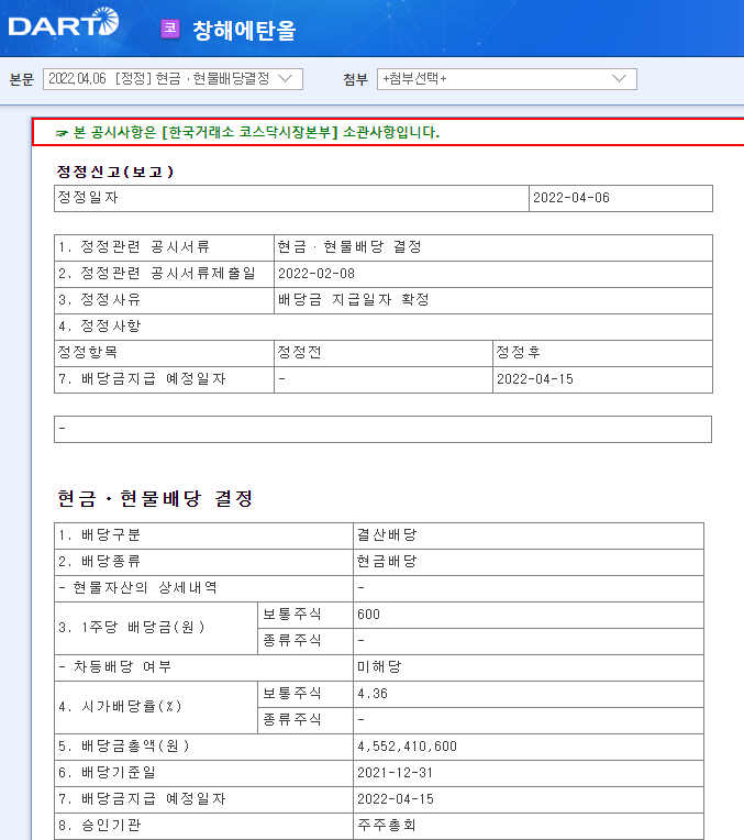 창해에탄올 / 현금ㆍ현물배당결정 창해에탄올 / 현금ㆍ현물배당결정