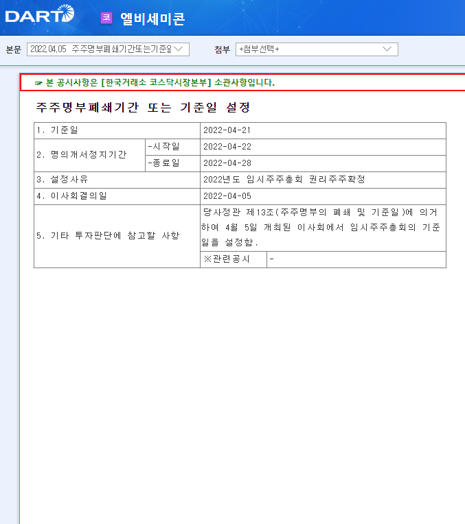 엘비세미콘 / 주주명부폐쇄기간또는기준일설정