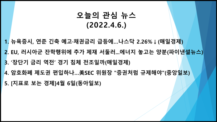  오늘의 관심 뉴스(2022.4.6. 水) 미국 공격적 통화긴축 강화 전망, 대러 추가제재 → 미 뉴욕증시 하락(다우 지수 0.80%↓, 나스닥 지수 2.26%↓)