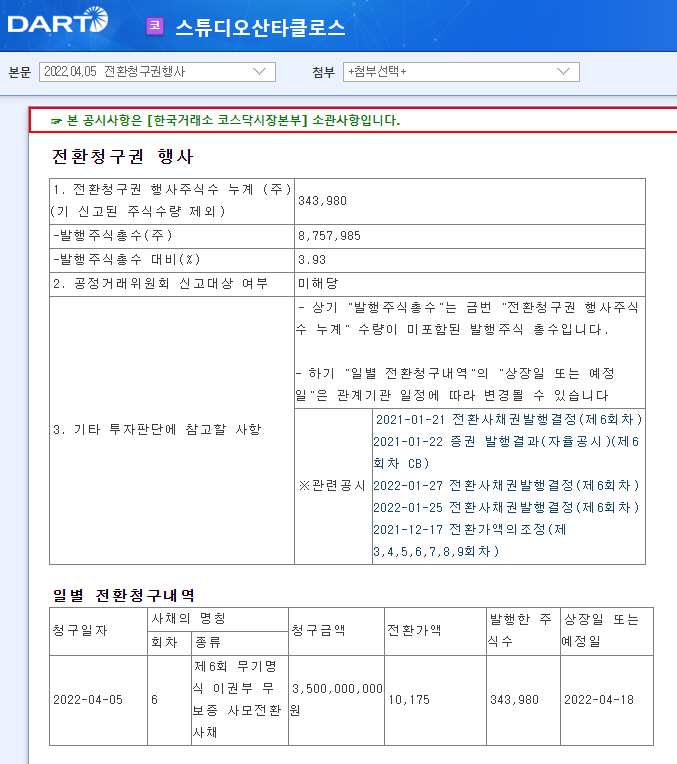 스튜디오산타클로스 / 전환청구권행사 스튜디오산타클로스 / 전환청구권행사
