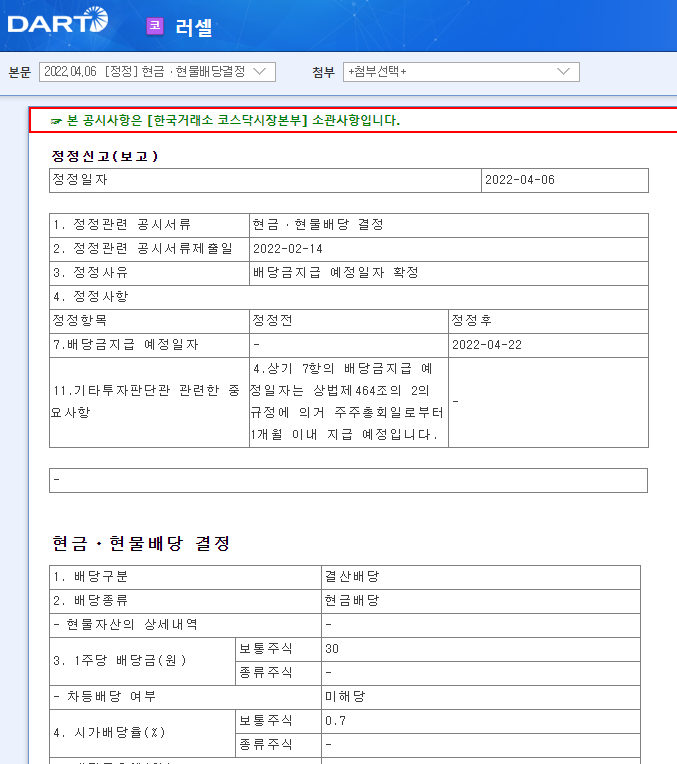 러셀 / 현금ㆍ현물배당결정 러셀 / 현금ㆍ현물배당결정