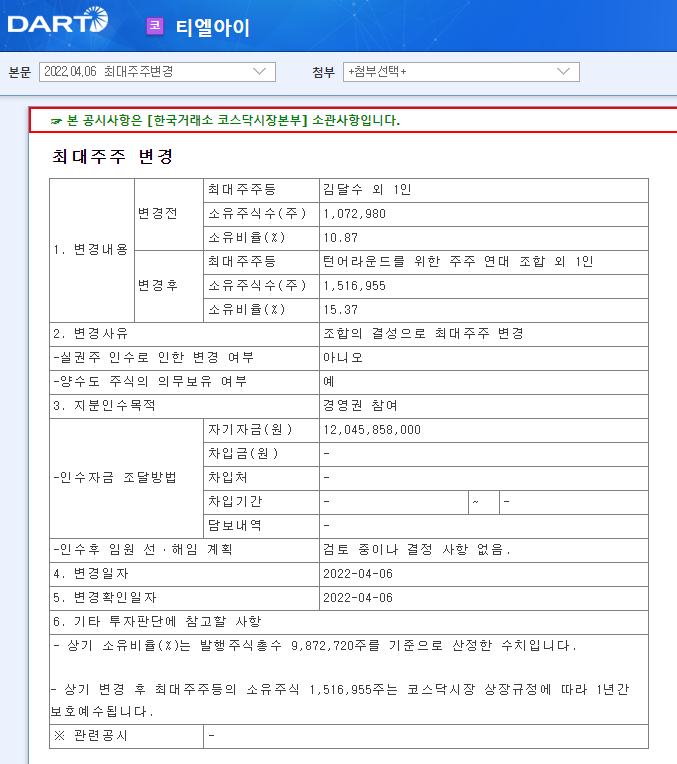 티엘아이 / 최대주주변경 티엘아이 / 최대주주변경
