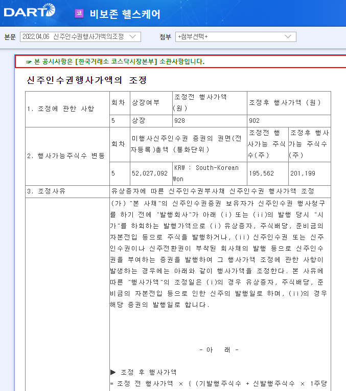 비보존 헬스케어 / 신주인수권행사가액의조정 비보존 헬스케어 / 신주인수권행사가액의조정