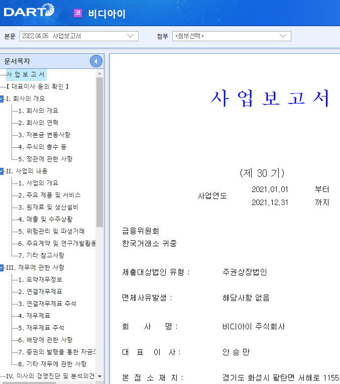 비디아이 / 사업보고서 비디아이 / 사업보고서