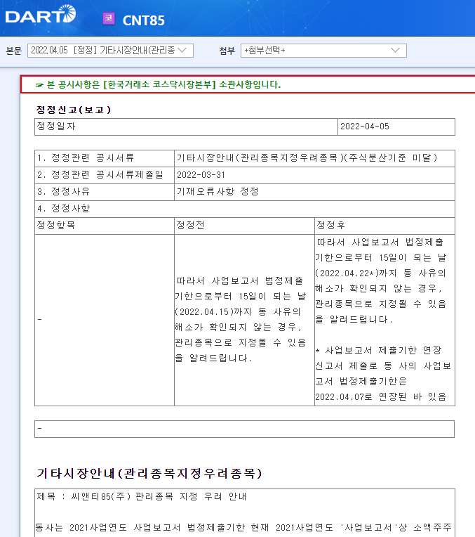 CNT85 / 기타시장안내(관리종목지정우려종목) CNT85 / 기타시장안내(관리종목지정우려종목)