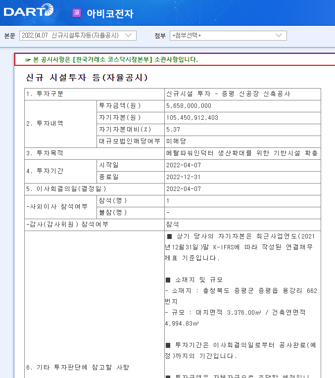 아비코전자 / 신규시설투자등(자율공시)