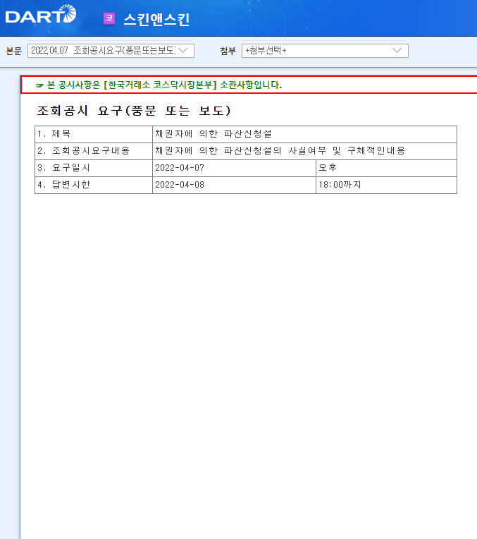 스킨앤스킨 / 조회공시요구(풍문또는보도) 스킨앤스킨 / 조회공시요구(풍문또는보도)