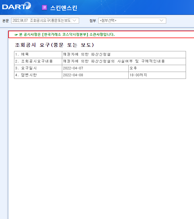 스킨앤스킨 / 조회공시요구(풍문또는보도)