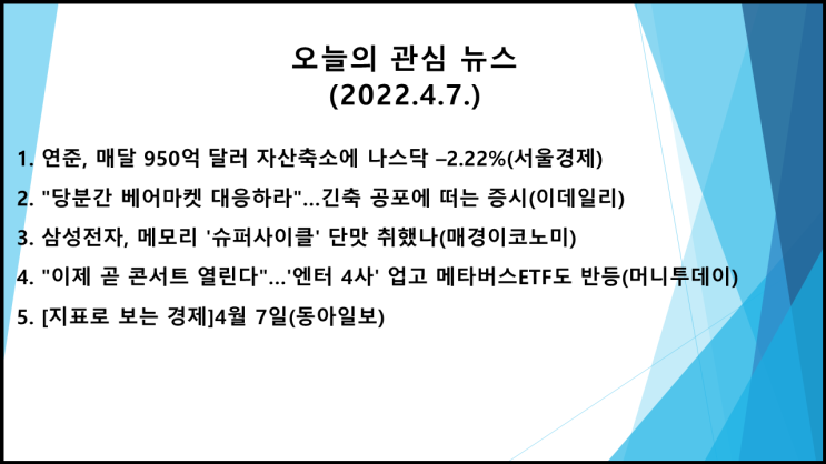  오늘의 관심 뉴스(2022.4.7. 木) 미국 공격적 금리인상, 양적긴축 우려 → 미 뉴욕증시 하락(다우 지수 0.42%↓, 나스닥 지수 2.22%↓)