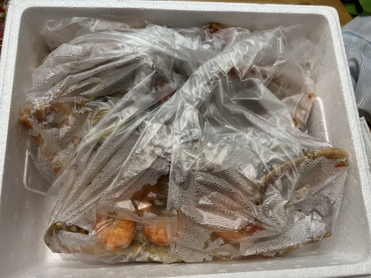  러시아산 대게가 좀 싸졌다길래 쪄서 포장해왔어요