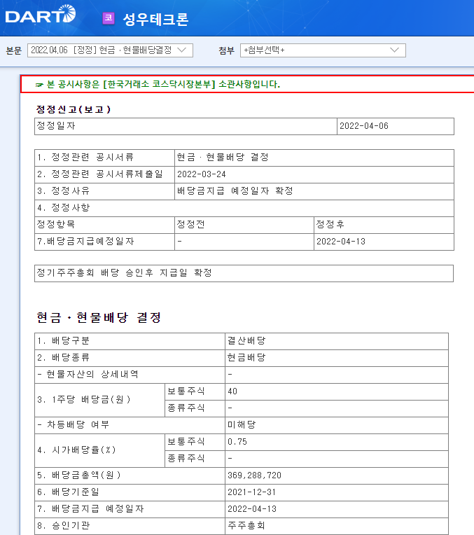 성우테크론 / 현금ㆍ현물배당결정 성우테크론 / 현금ㆍ현물배당결정