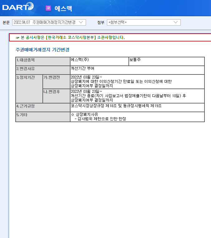 에스맥 / 주권매매거래정지기간변경 에스맥 / 주권매매거래정지기간변경