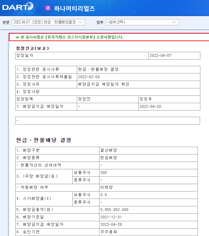 하나머티리얼즈 / 현금ㆍ현물배당결정