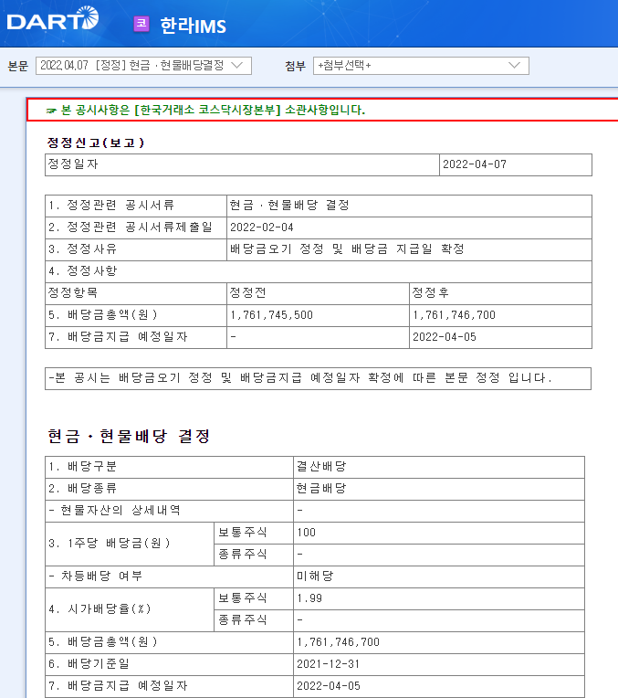 한라IMS / 현금ㆍ현물배당결정