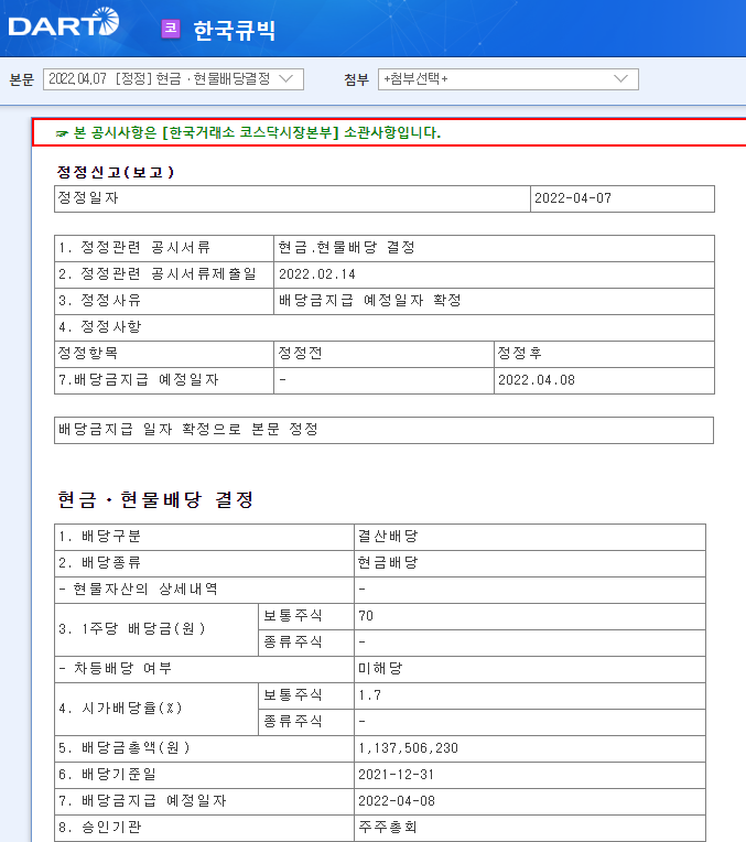 한국큐빅 / 현금ㆍ현물배당결정