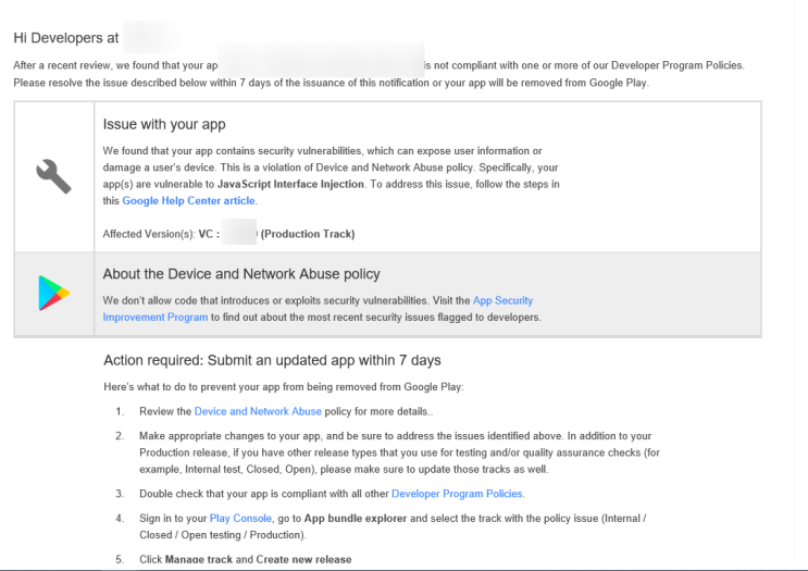  [구글플레이]Specifically, your app(s) are vulnerable to JavaScript Interface Injection.