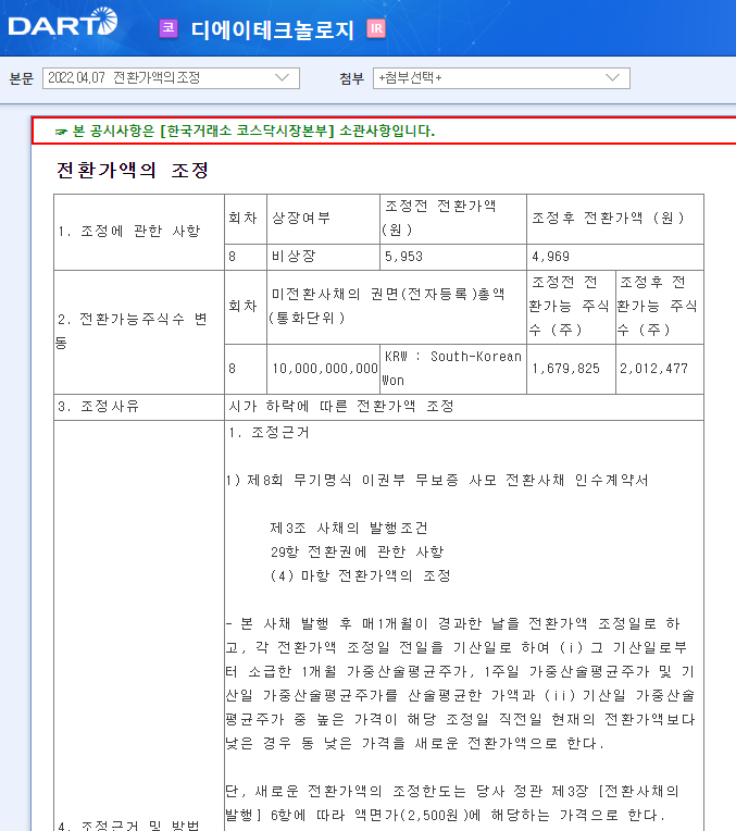 디에이테크놀로지 / 전환가액의조정 디에이테크놀로지 / 전환가액의조정