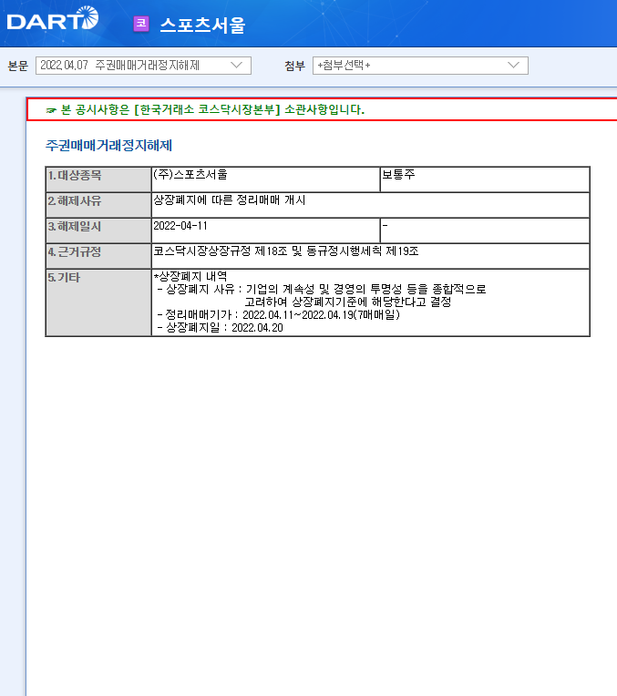 스포츠서울 / 주권매매거래정지해제