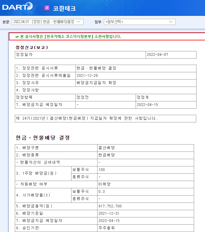 코윈테크 / 현금ㆍ현물배당결정