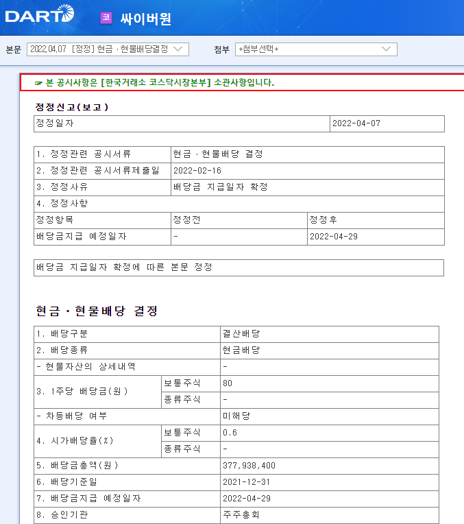 싸이버원 / 현금ㆍ현물배당결정 싸이버원 / 현금ㆍ현물배당결정