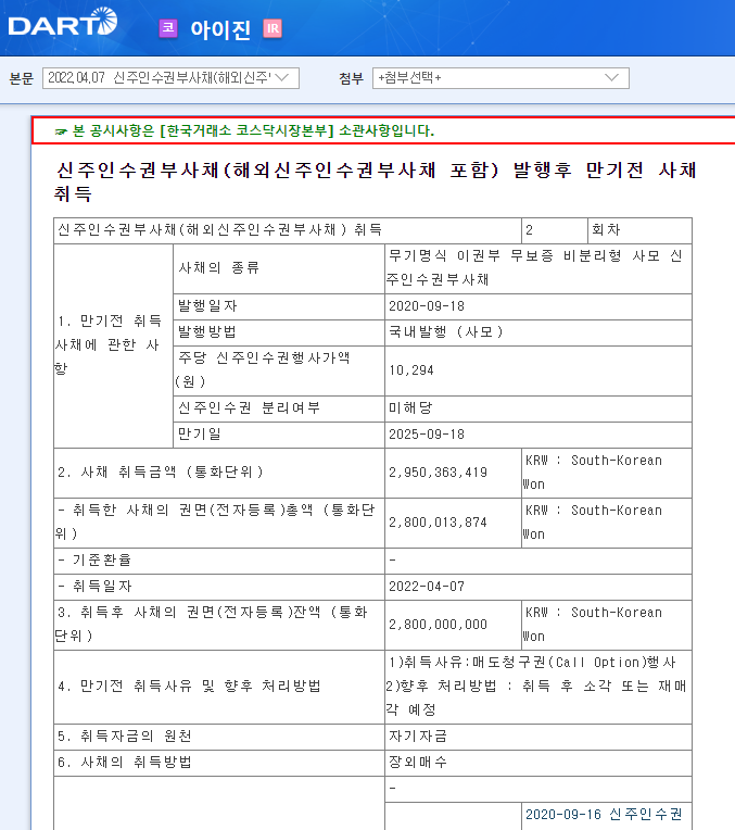 아이진 / 신주인수권부사채(해외신주인수권부사채포함)발행후만기전사채취득