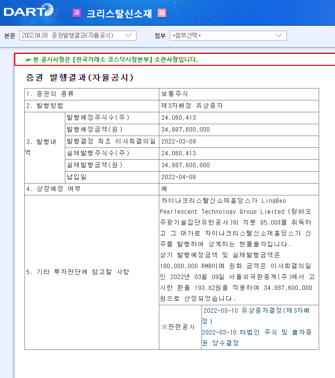 크리스탈신소재 / 증권발행결과(자율공시) 크리스탈신소재 / 증권발행결과(자율공시)