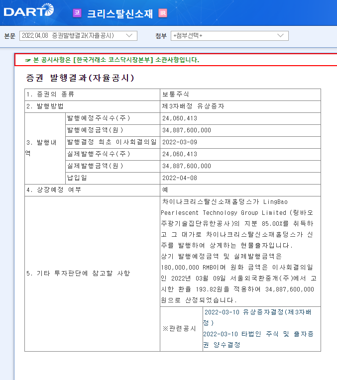 크리스탈신소재 / 증권발행결과(자율공시)