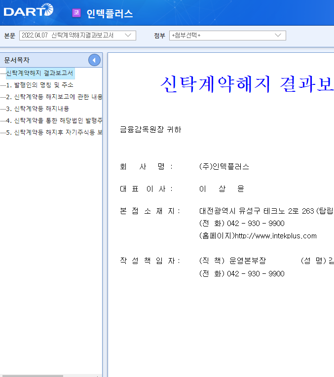 인텍플러스 / 신탁계약해지결과보고서