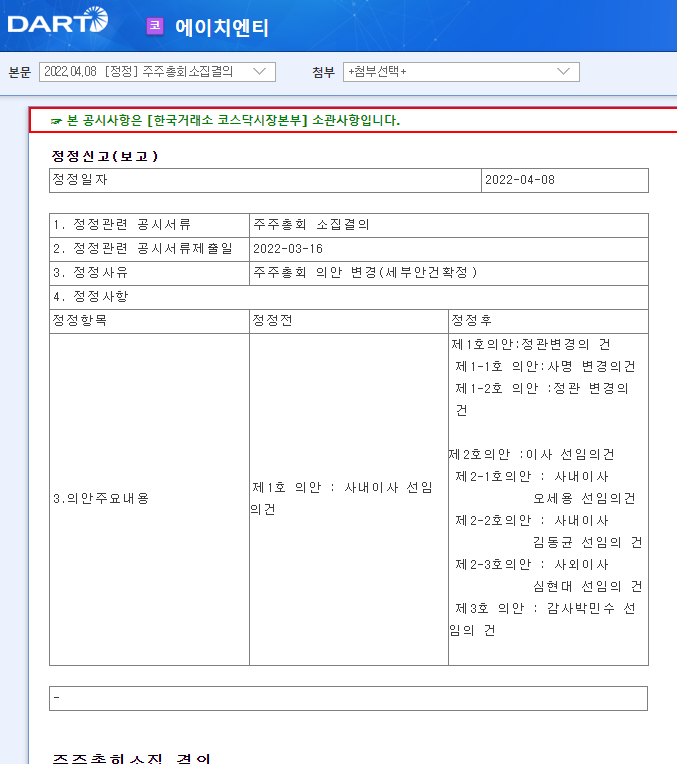 에이치엔티 / 주주총회소집결의