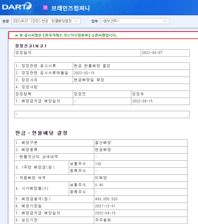 브레인즈컴퍼니 / 현금ㆍ현물배당결정 브레인즈컴퍼니 / 현금ㆍ현물배당결정