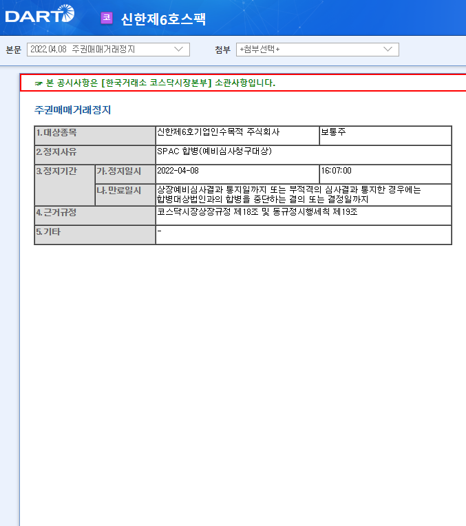 신한제6호스팩 / 주권매매거래정지