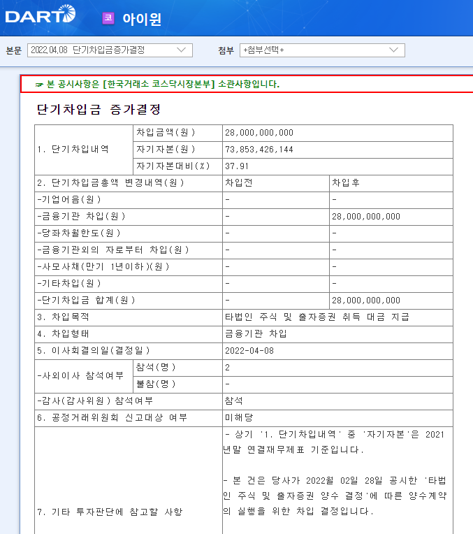 아이윈 / 단기차입금증가결정 아이윈 / 단기차입금증가결정